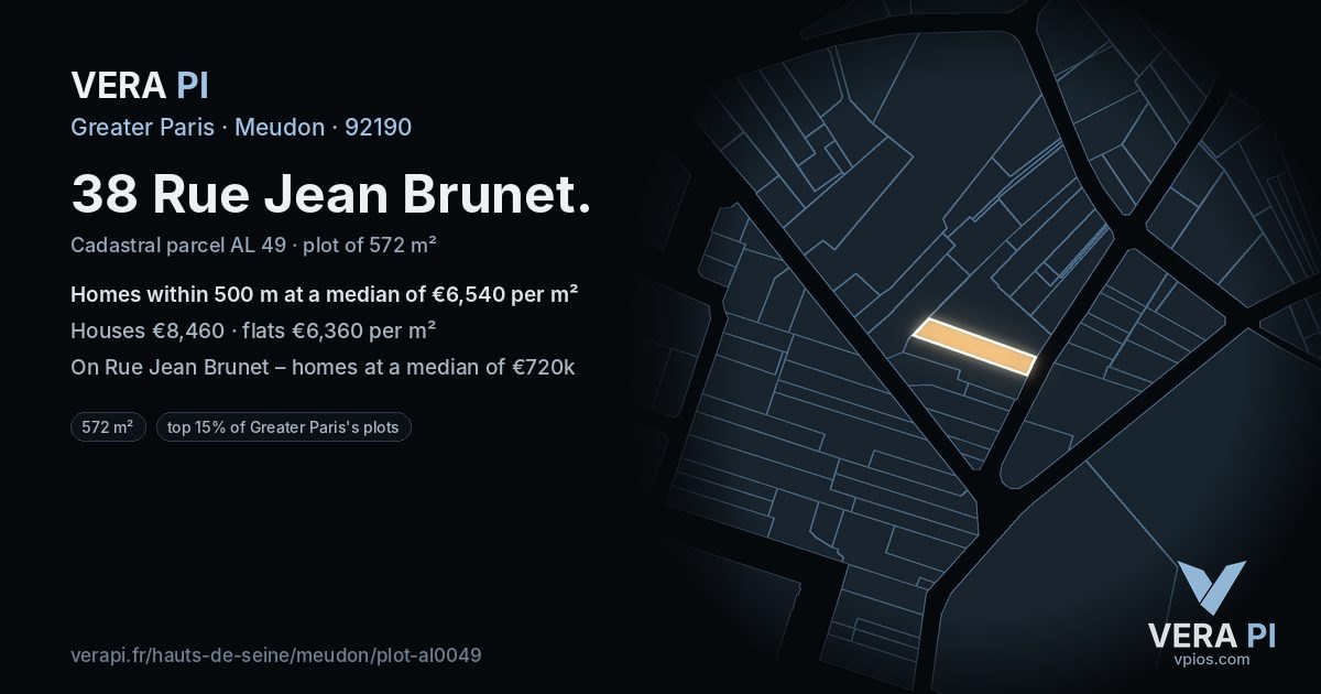 38 Rue Jean Brunet, Meudon at night – the plot lit, the parcels around coloured by the prices near them