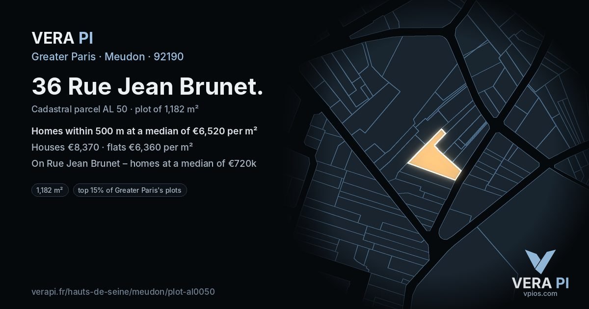 36 Rue Jean Brunet, Meudon at night – the plot lit, the parcels around coloured by the prices near them