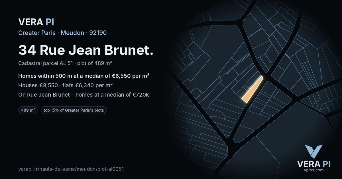 34 Rue Jean Brunet, Meudon at night – the plot lit, the parcels around coloured by the prices near them