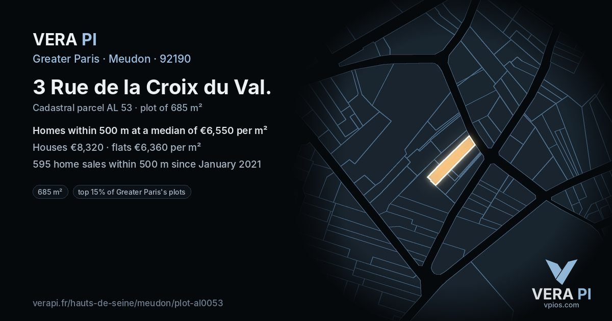 3 Rue de la Croix du Val, Meudon at night – the plot lit, the parcels around coloured by the prices near them