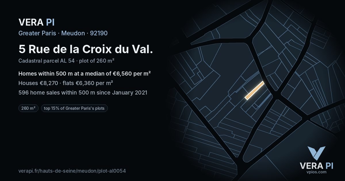 5 Rue de la Croix du Val, Meudon at night – the plot lit, the parcels around coloured by the prices near them