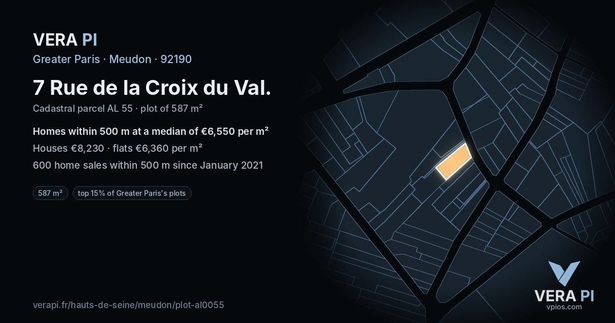 7 Rue de la Croix du Val, Meudon at night – the plot lit, the parcels around coloured by the prices near them