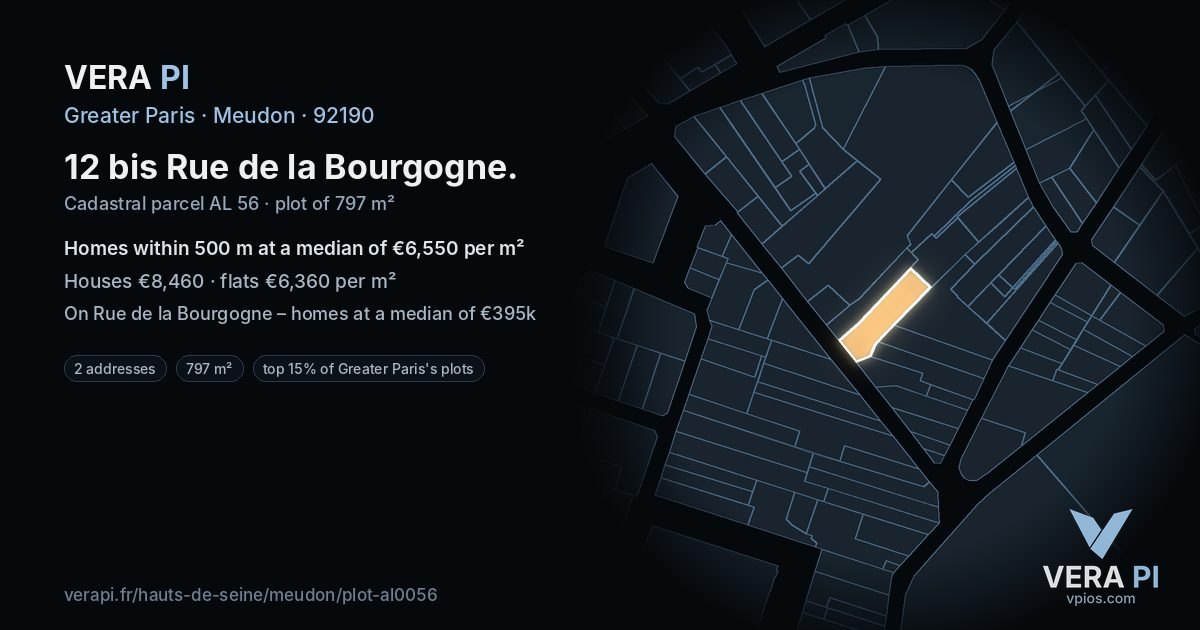 12 bis Rue de la Bourgogne, Meudon at night – the plot lit, the parcels around coloured by the prices near them