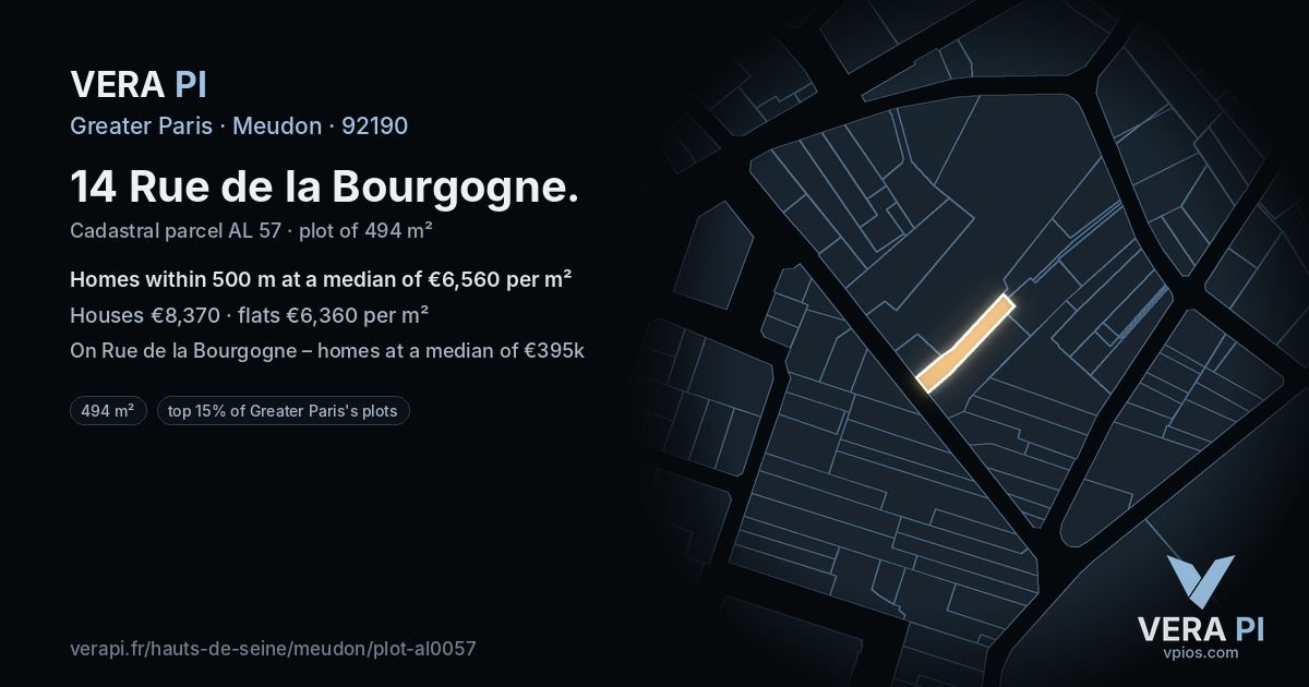 14 Rue de la Bourgogne, Meudon at night – the plot lit, the parcels around coloured by the prices near them