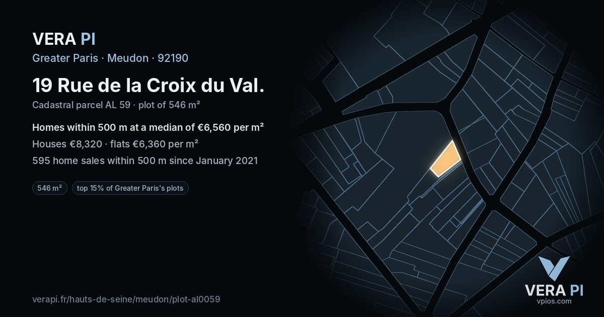 19 Rue de la Croix du Val, Meudon at night – the plot lit, the parcels around coloured by the prices near them