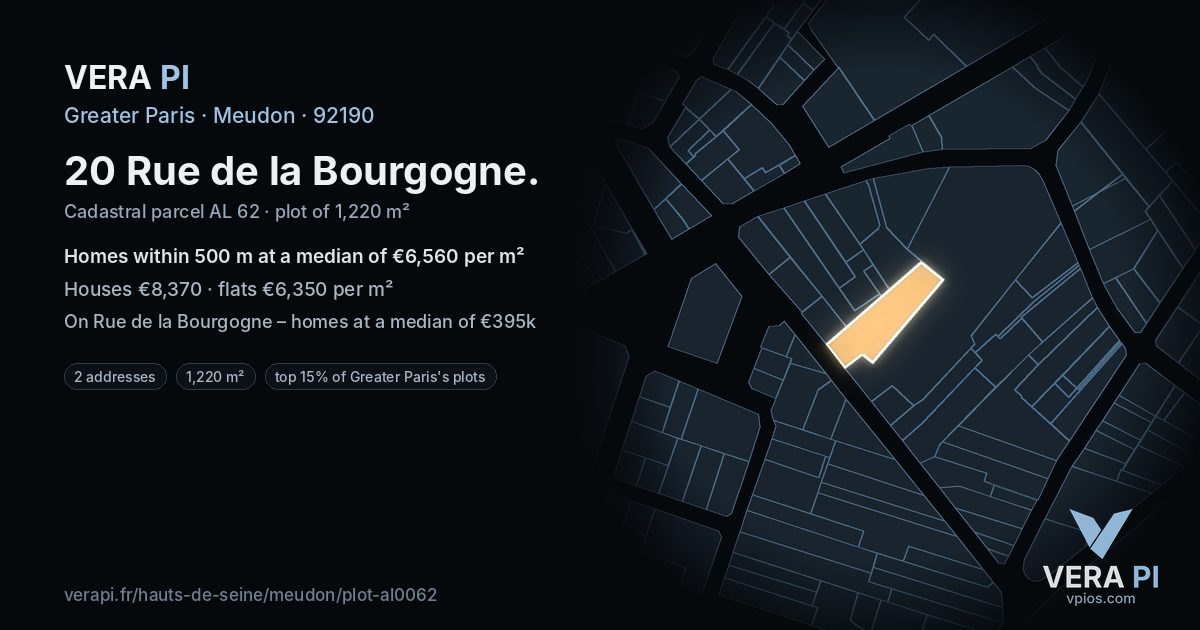 20 Rue de la Bourgogne, Meudon at night – the plot lit, the parcels around coloured by the prices near them
