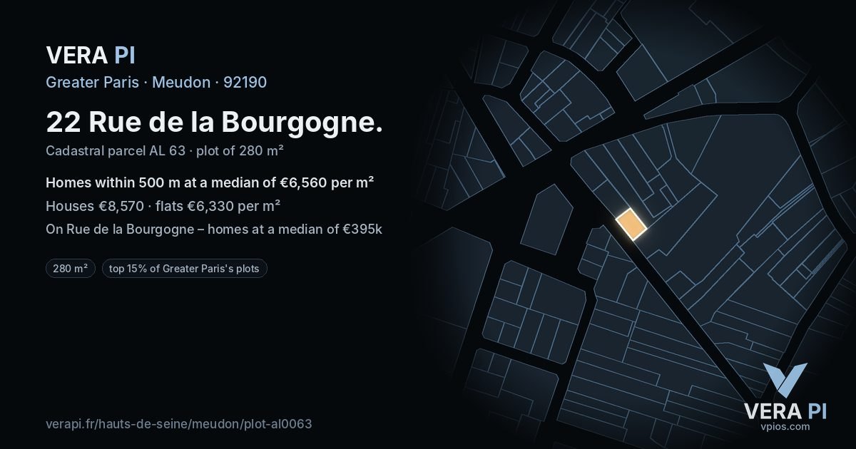 22 Rue de la Bourgogne, Meudon at night – the plot lit, the parcels around coloured by the prices near them