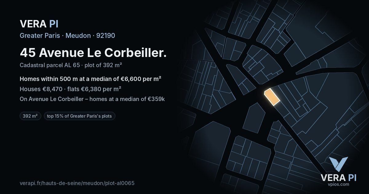45 Avenue Le Corbeiller, Meudon at night – the plot lit, the parcels around coloured by the prices near them