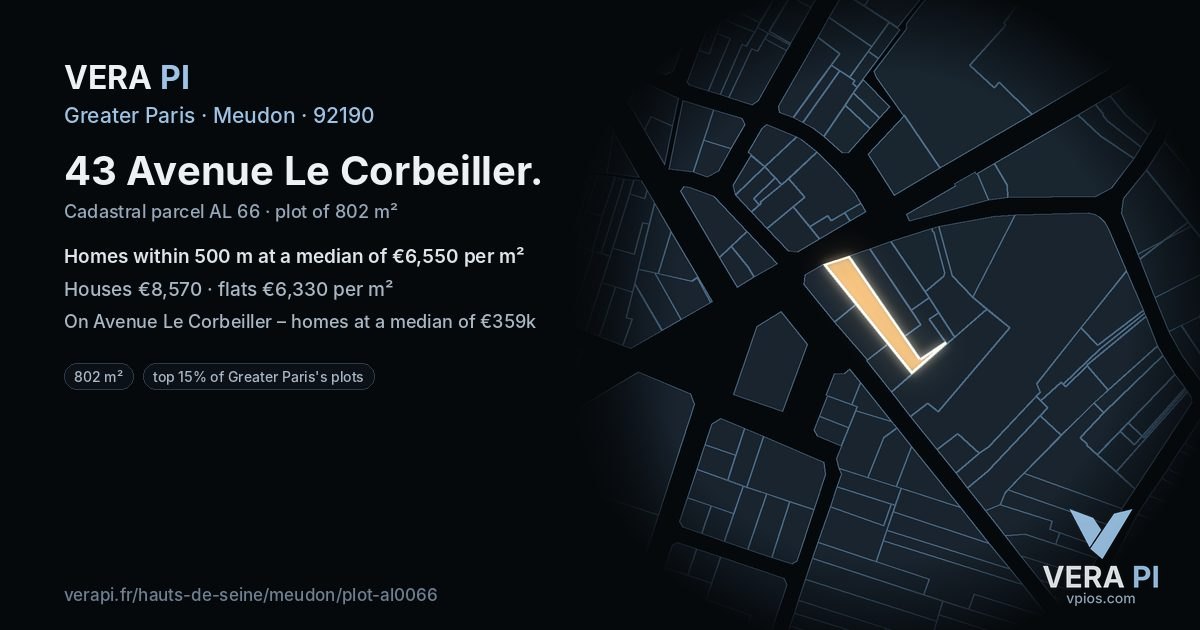 43 Avenue Le Corbeiller, Meudon at night – the plot lit, the parcels around coloured by the prices near them
