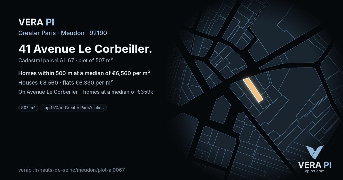 41 Avenue Le Corbeiller, Meudon at night – the plot lit, the parcels around coloured by the prices near them