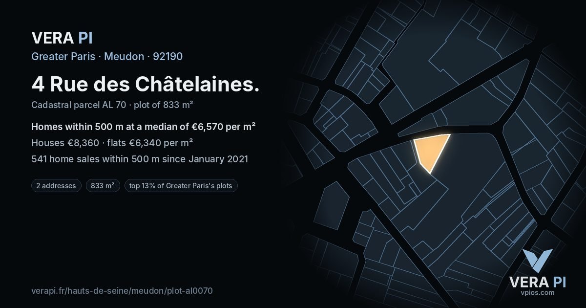 4 Rue des Châtelaines, Meudon at night – the plot lit, the parcels around coloured by the prices near them