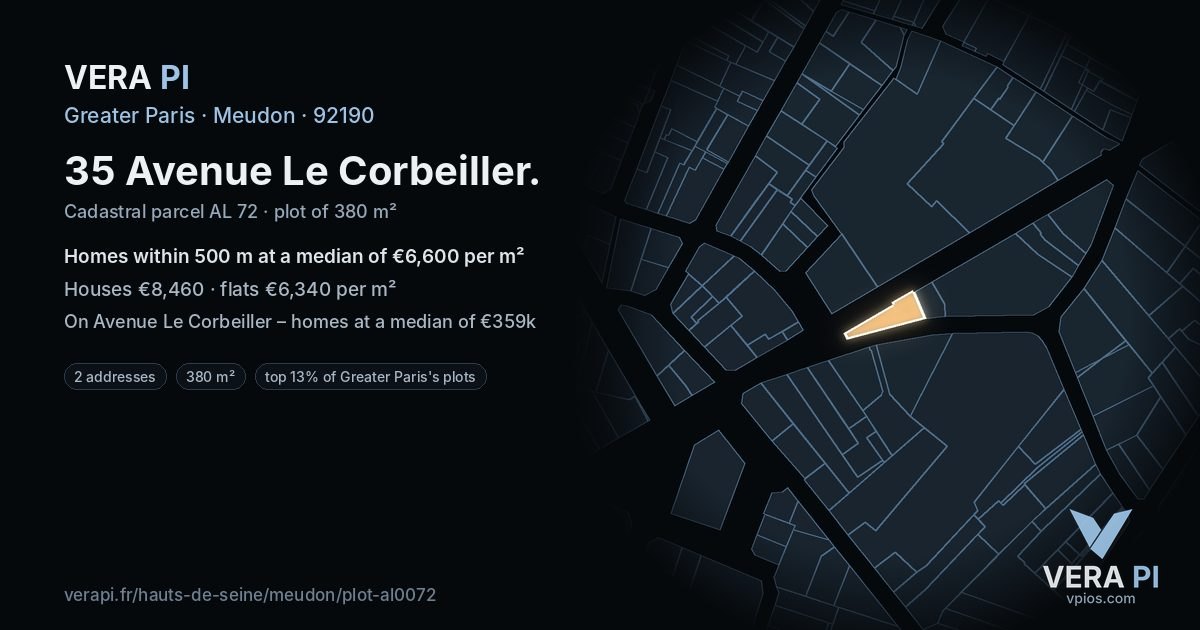 35 Avenue Le Corbeiller, Meudon at night – the plot lit, the parcels around coloured by the prices near them