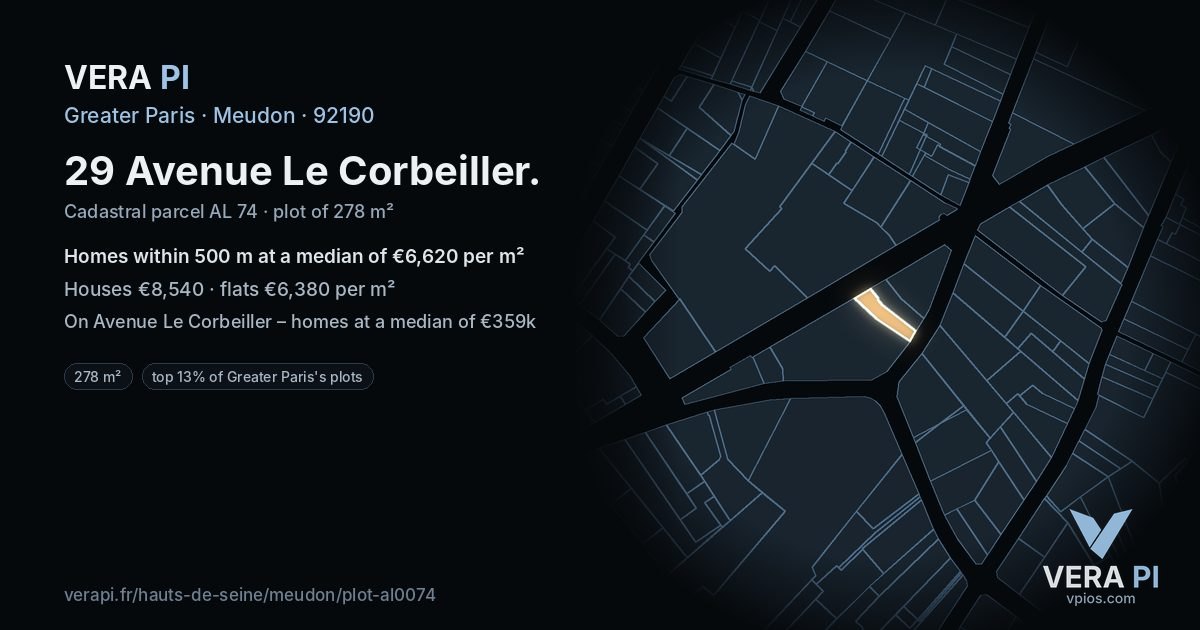 29 Avenue Le Corbeiller, Meudon at night – the plot lit, the parcels around coloured by the prices near them