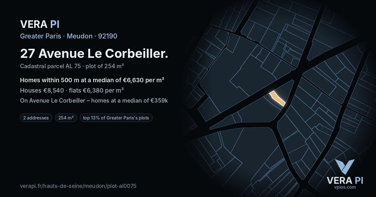27 Avenue Le Corbeiller, Meudon at night – the plot lit, the parcels around coloured by the prices near them
