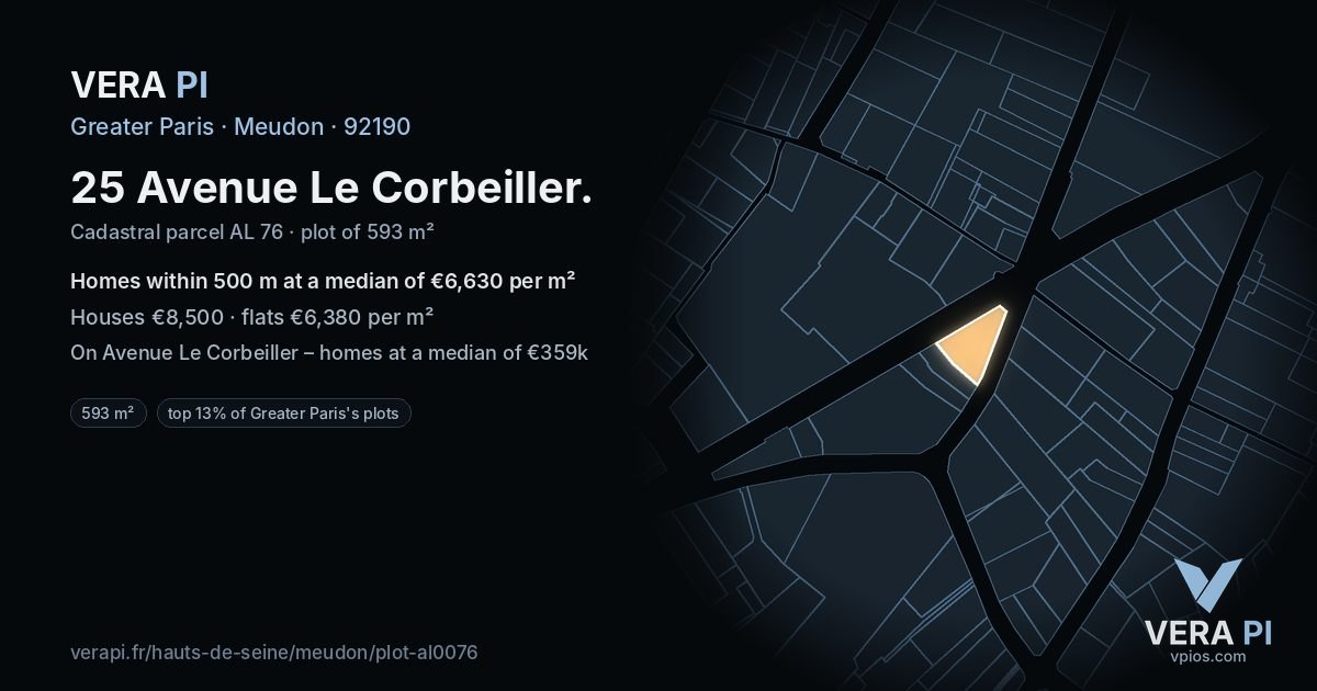25 Avenue Le Corbeiller, Meudon at night – the plot lit, the parcels around coloured by the prices near them
