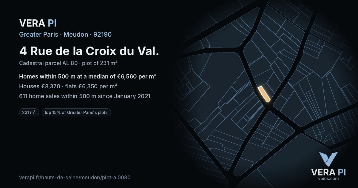 4 Rue de la Croix du Val, Meudon at night – the plot lit, the parcels around coloured by the prices near them