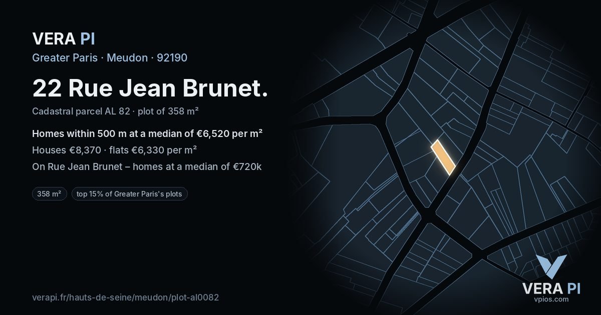 22 Rue Jean Brunet, Meudon at night – the plot lit, the parcels around coloured by the prices near them