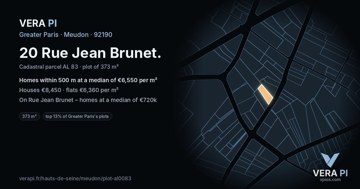 20 Rue Jean Brunet, Meudon at night – the plot lit, the parcels around coloured by the prices near them