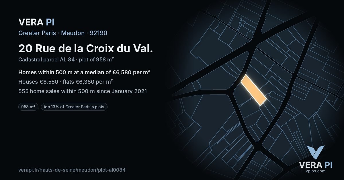 20 Rue de la Croix du Val, Meudon at night – the plot lit, the parcels around coloured by the prices near them