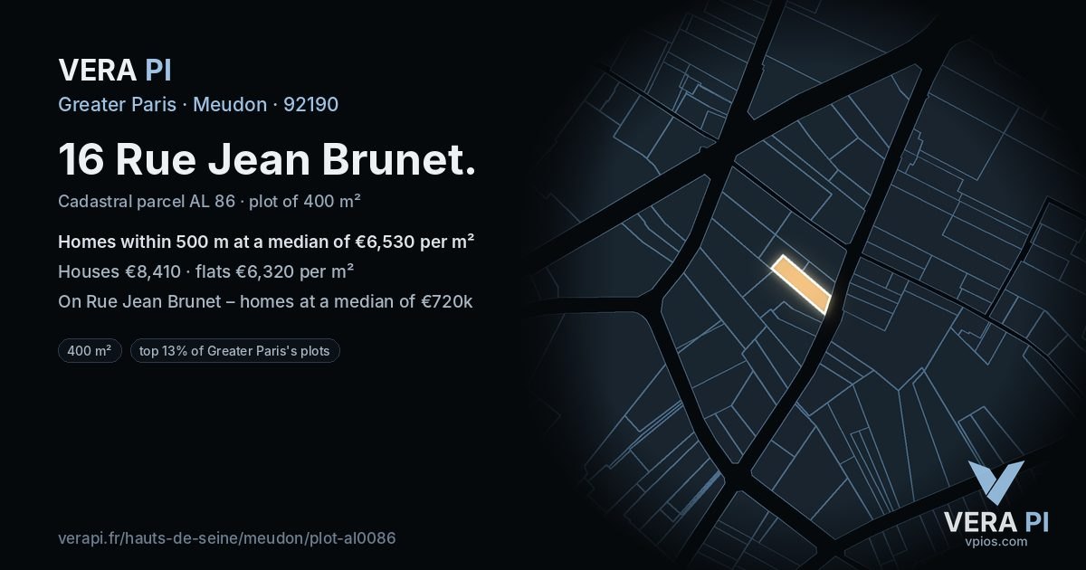 16 Rue Jean Brunet, Meudon at night – the plot lit, the parcels around coloured by the prices near them