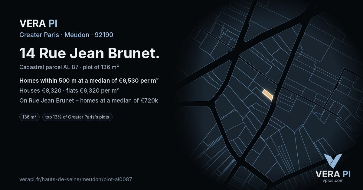 14 Rue Jean Brunet, Meudon at night – the plot lit, the parcels around coloured by the prices near them