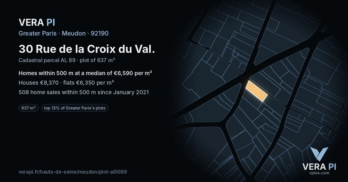 30 Rue de la Croix du Val, Meudon at night – the plot lit, the parcels around coloured by the prices near them