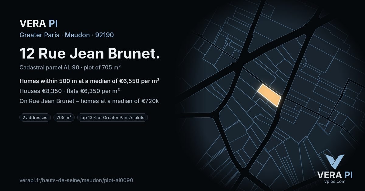 12 Rue Jean Brunet, Meudon at night – the plot lit, the parcels around coloured by the prices near them