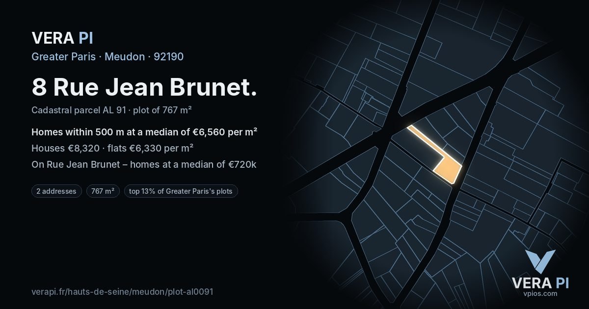 8 Rue Jean Brunet, Meudon at night – the plot lit, the parcels around coloured by the prices near them