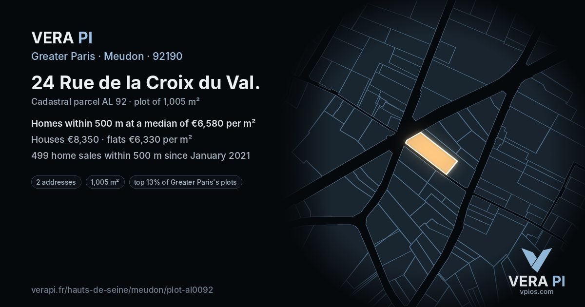 24 Rue de la Croix du Val, Meudon at night – the plot lit, the parcels around coloured by the prices near them