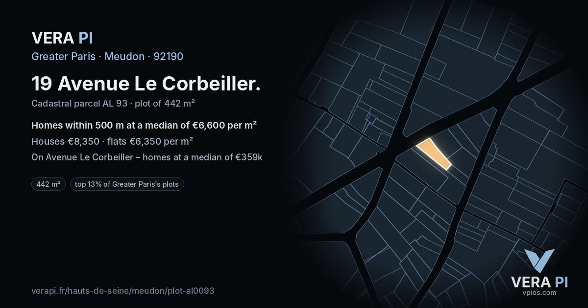 19 Avenue Le Corbeiller, Meudon at night – the plot lit, the parcels around coloured by the prices near them