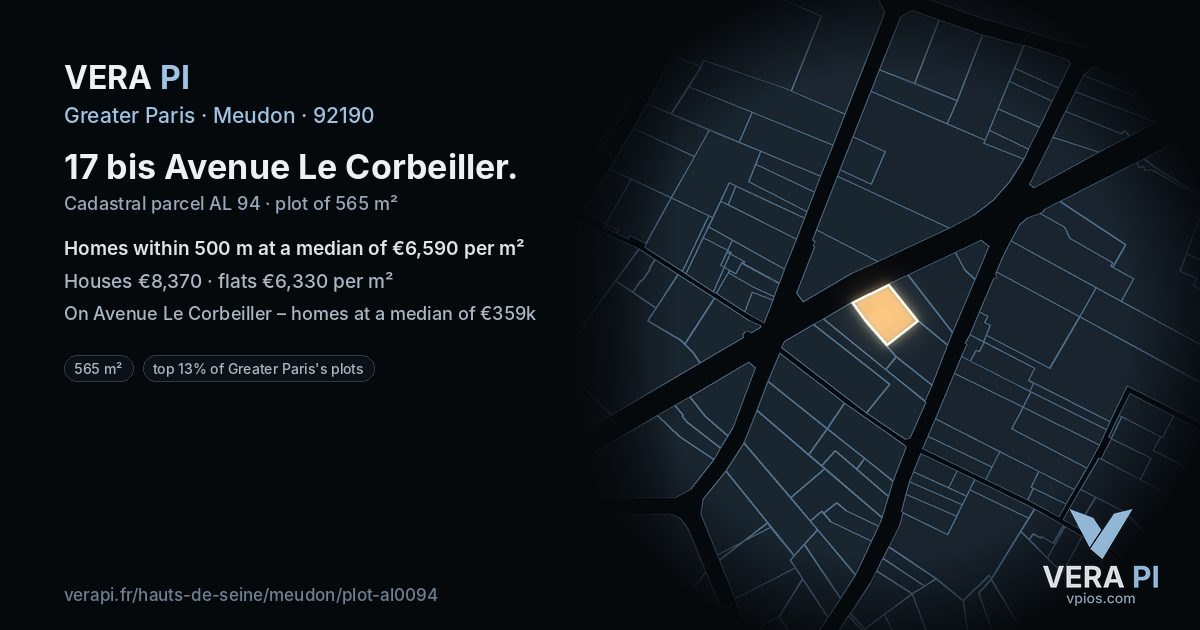 17 bis Avenue Le Corbeiller, Meudon at night – the plot lit, the parcels around coloured by the prices near them