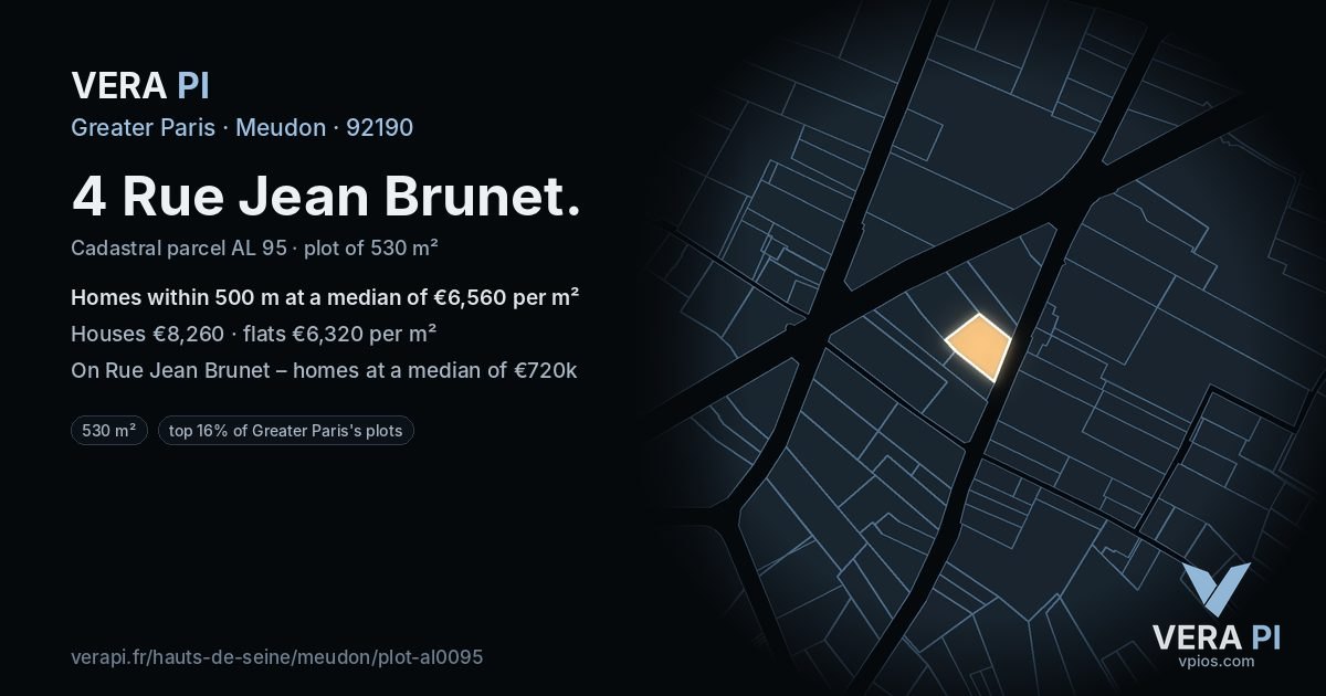 4 Rue Jean Brunet, Meudon at night – the plot lit, the parcels around coloured by the prices near them