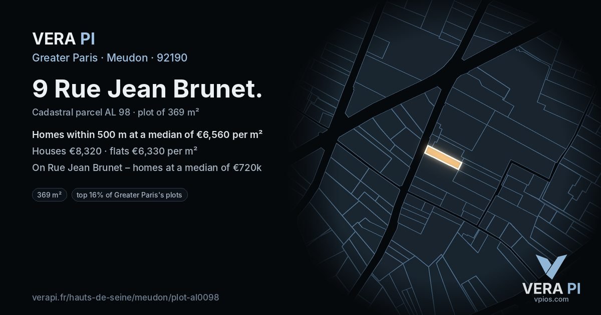 9 Rue Jean Brunet, Meudon at night – the plot lit, the parcels around coloured by the prices near them