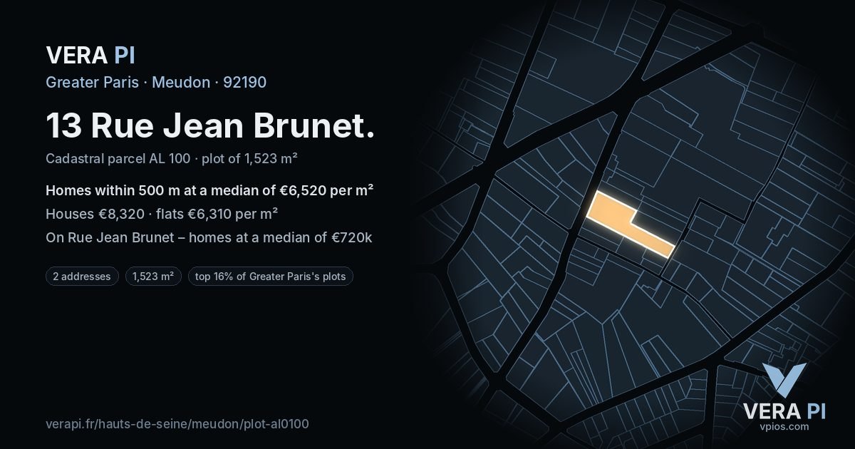 13 Rue Jean Brunet, Meudon at night – the plot lit, the parcels around coloured by the prices near them
