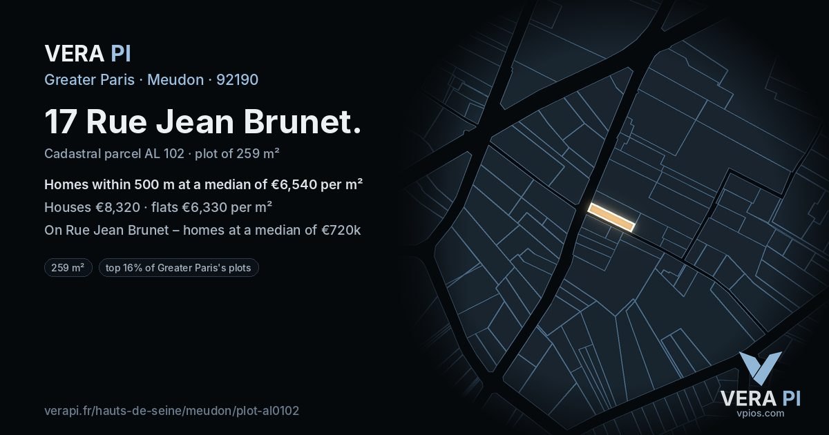 17 Rue Jean Brunet, Meudon at night – the plot lit, the parcels around coloured by the prices near them