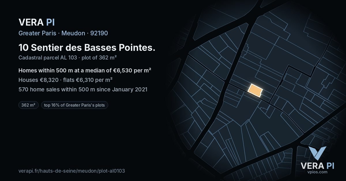 10 Sentier des Basses Pointes, Meudon at night – the plot lit, the parcels around coloured by the prices near them