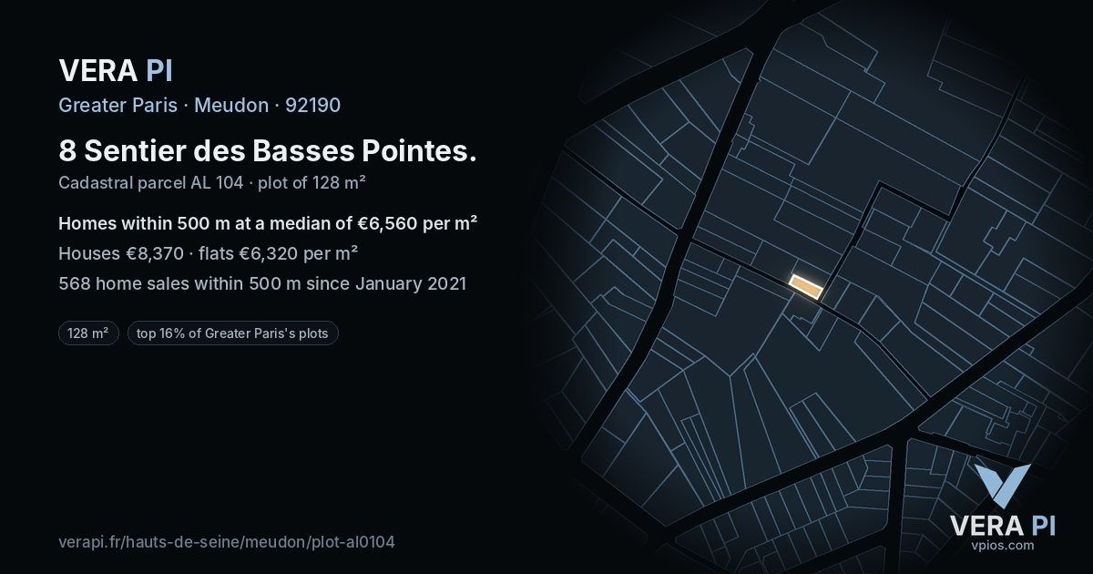8 Sentier des Basses Pointes, Meudon at night – the plot lit, the parcels around coloured by the prices near them