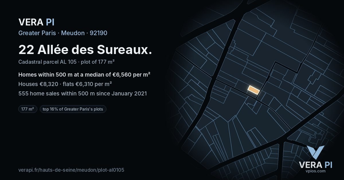 22 Allée des Sureaux, Meudon at night – the plot lit, the parcels around coloured by the prices near them