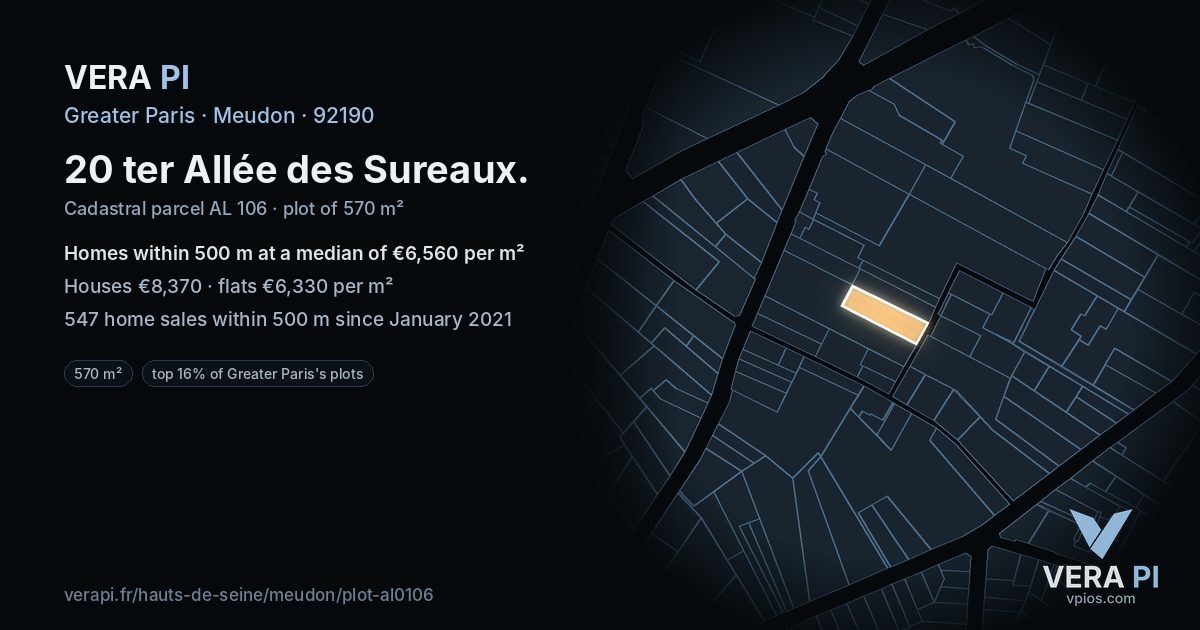 20 ter Allée des Sureaux, Meudon at night – the plot lit, the parcels around coloured by the prices near them