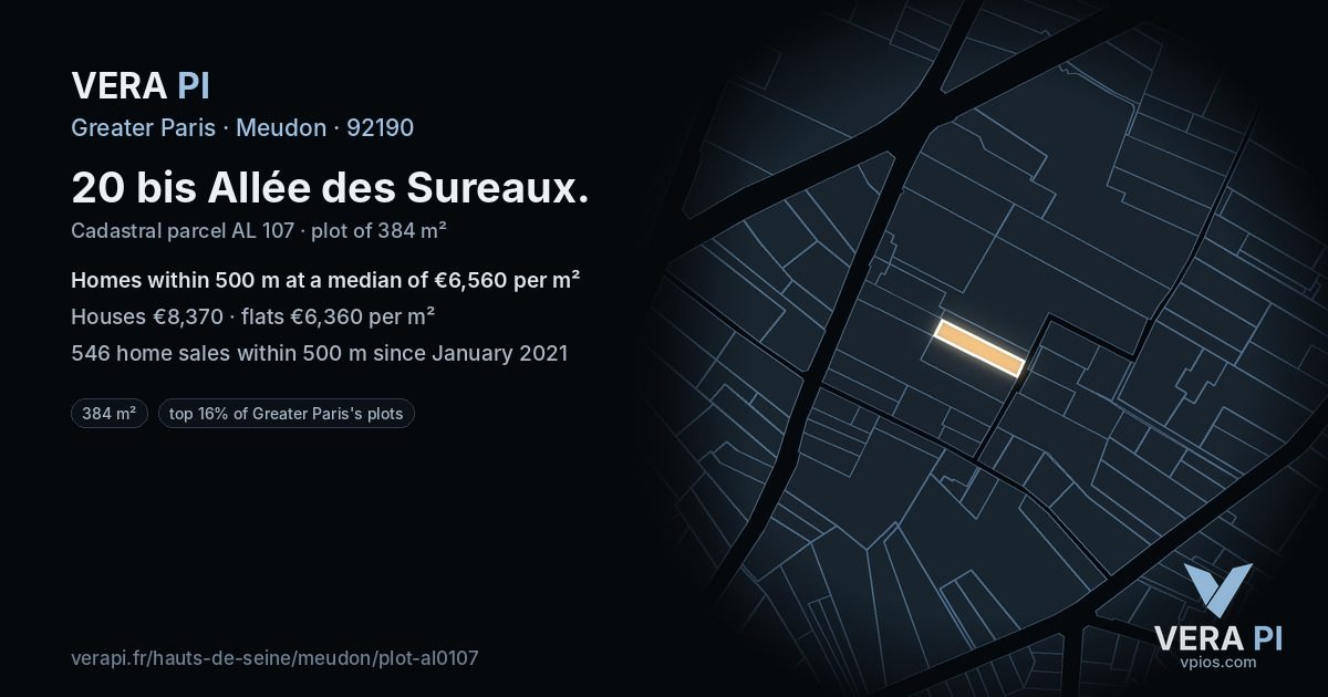 20 bis Allée des Sureaux, Meudon at night – the plot lit, the parcels around coloured by the prices near them