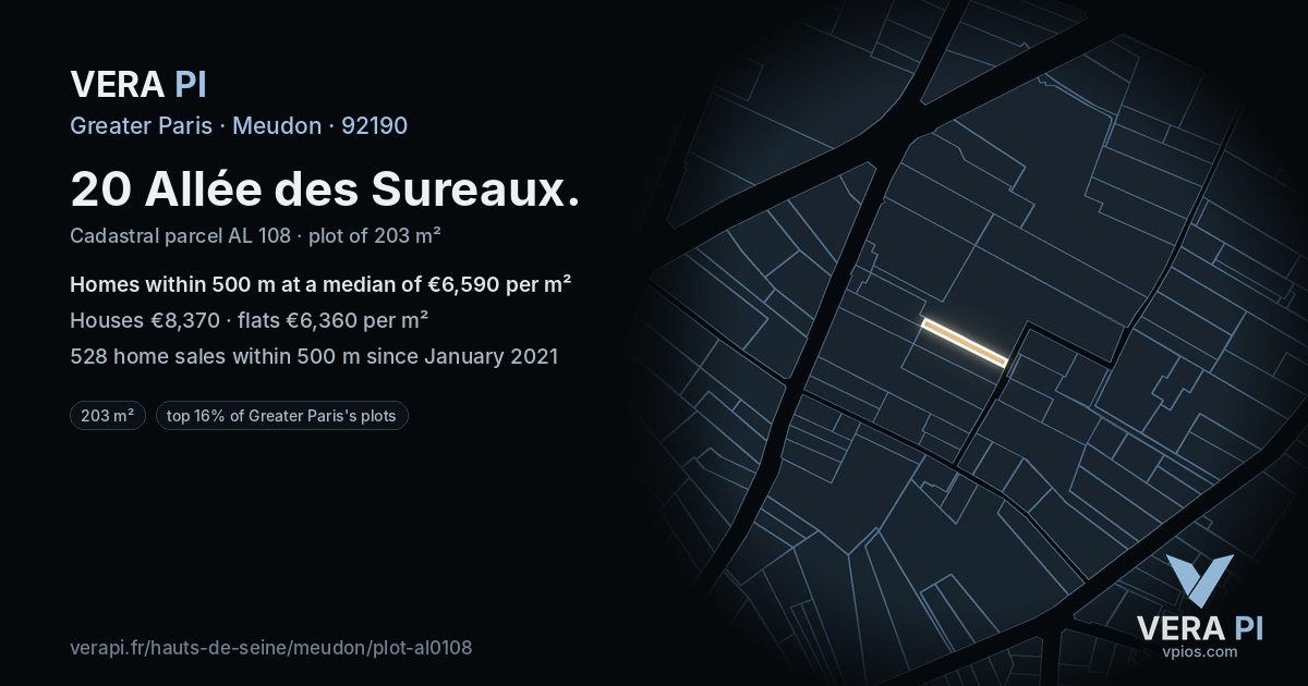 20 Allée des Sureaux, Meudon at night – the plot lit, the parcels around coloured by the prices near them