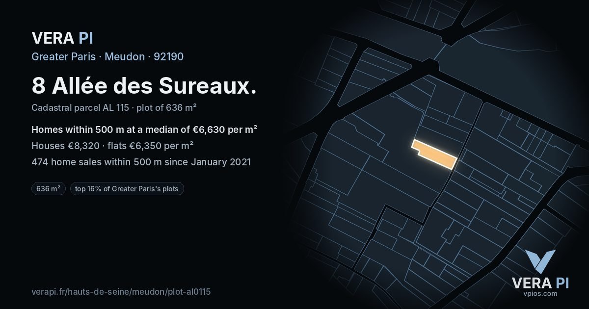 8 Allée des Sureaux, Meudon at night – the plot lit, the parcels around coloured by the prices near them