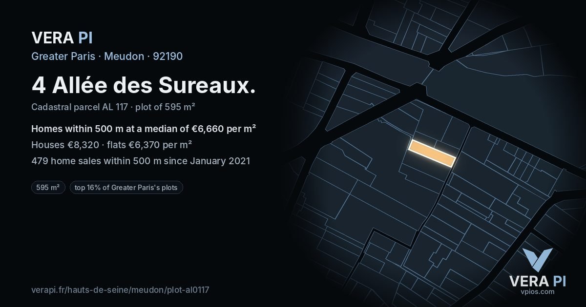 4 Allée des Sureaux, Meudon at night – the plot lit, the parcels around coloured by the prices near them