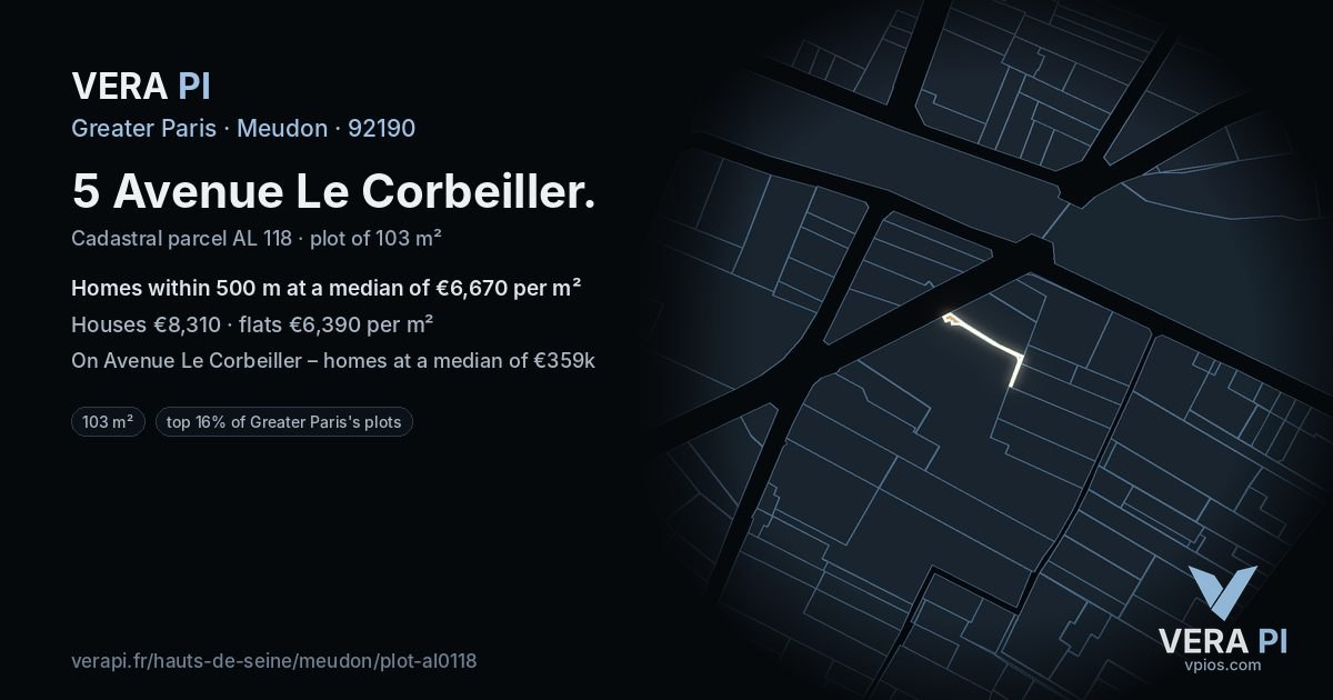 5 Avenue Le Corbeiller, Meudon at night – the plot lit, the parcels around coloured by the prices near them