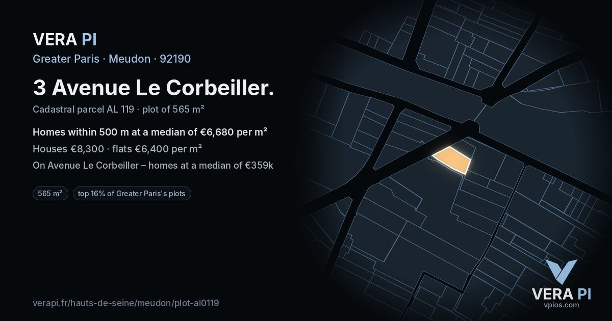 3 Avenue Le Corbeiller, Meudon at night – the plot lit, the parcels around coloured by the prices near them