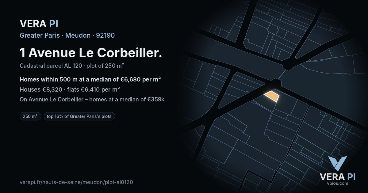 1 Avenue Le Corbeiller, Meudon at night – the plot lit, the parcels around coloured by the prices near them