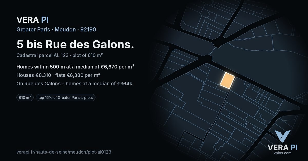 5 bis Rue des Galons, Meudon at night – the plot lit, the parcels around coloured by the prices near them