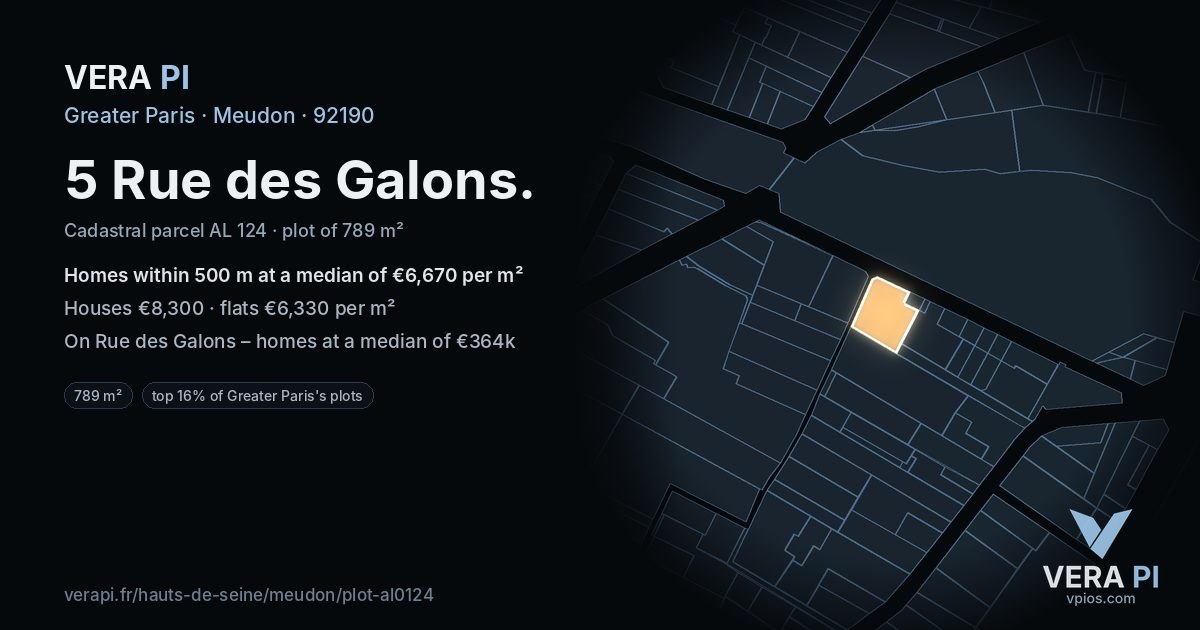 5 Rue des Galons, Meudon at night – the plot lit, the parcels around coloured by the prices near them