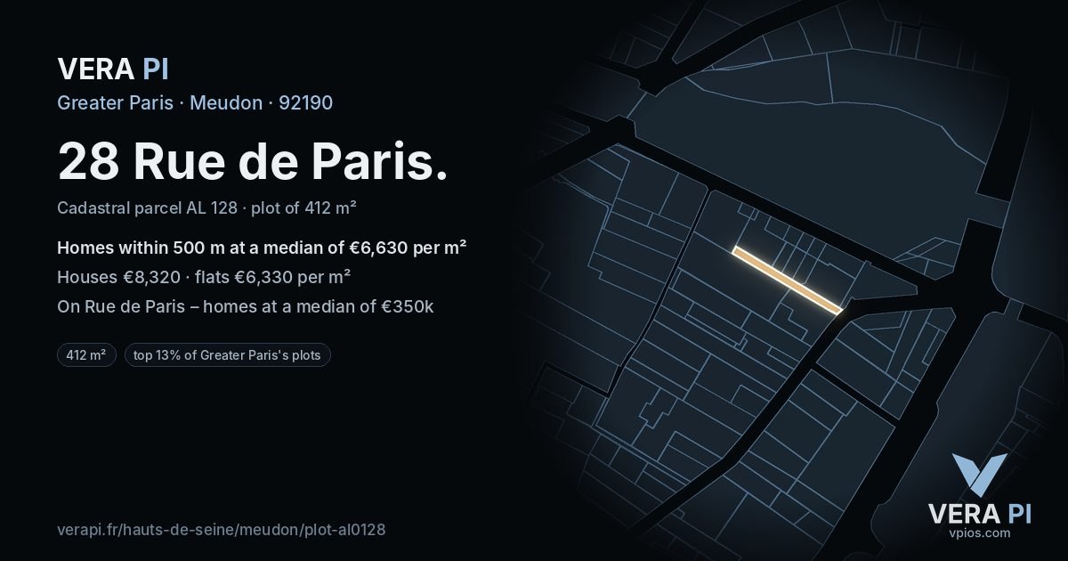28 Rue de Paris, Meudon at night – the plot lit, the parcels around coloured by the prices near them