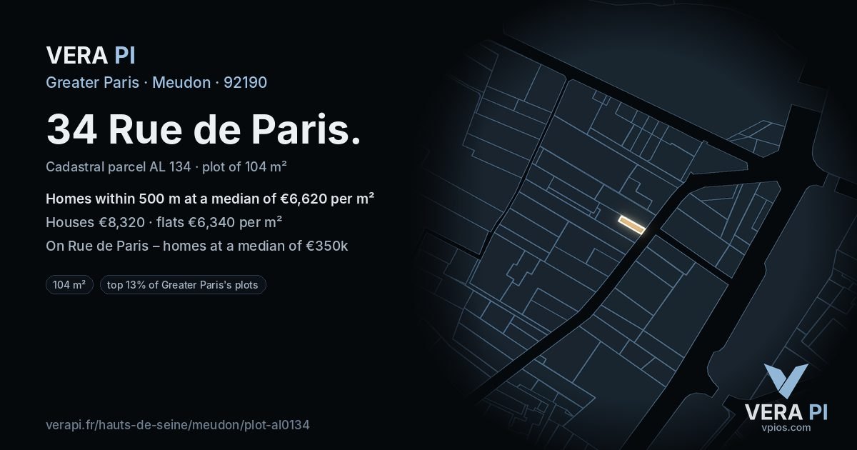 34 Rue de Paris, Meudon at night – the plot lit, the parcels around coloured by the prices near them